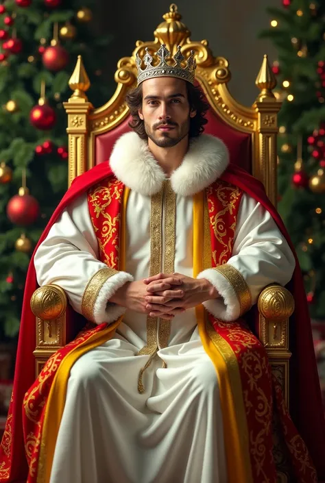 Create a  20 age Christmas royal king sitting in a golden chair wearing royal white with silk red and yellow with silk green and with crown 