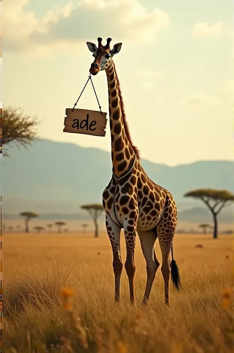 A giraffe in the savannah with a sign "Ade"