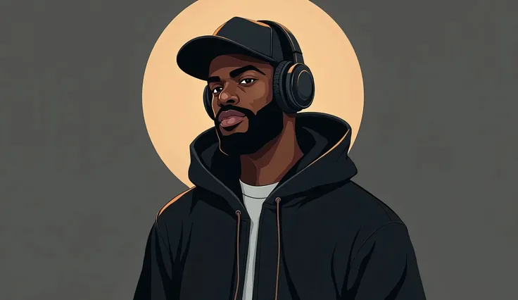 Create a minimalist logo featuring a black man, embodying a hip-hop vibe. The character should have a relaxed, confident expression, wearing accessories like headphones, a backwards cap, or a hoodie to convey a modern street style. Use clean, bold lines wi...