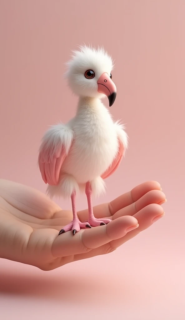 Baby flamingo with rabbit paws "A baby flamingo the size of a finger, with fluffy rabbit paws, balanced on the palm of a hand. Its body is light pink and its paws are white and furry, like a rabbits. It looks up with a small, graceful beak, curious and del...