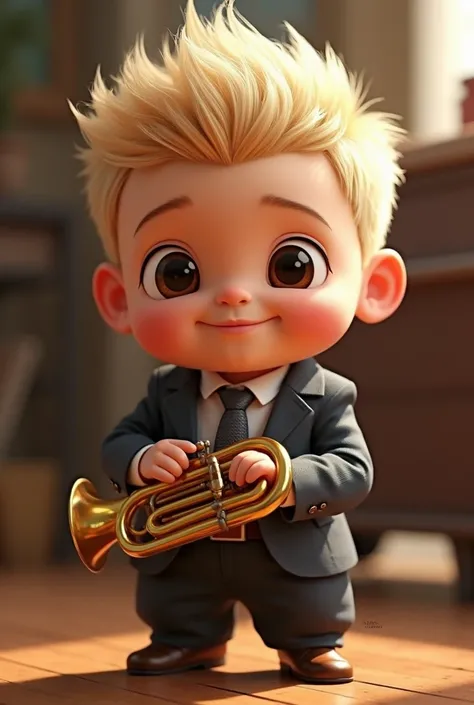  Pixar boy  very short straight blond hair combed forward pulled on the forehead forming a triangle,  Small tufted Japanese dark brown eyes playing tuba wearing a full-body stand-up suit and tie 