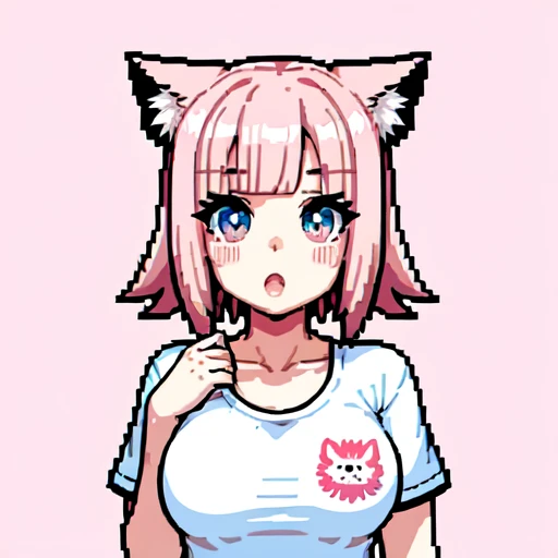 Raw photo, 1girl, medium breast, upper body, tshirt white, pink wolfcut hairstyle, ahegao expression, blushing on her cheeks, 