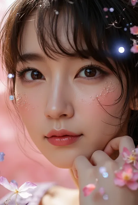 In this photorealistic portrait, featuring an East Asian woman as if brought to life from the depths of dreams, we see details that shimmer with dazzling colors, like precious stones in the rays of the sun. Shimmering drops of dew, sparkling tears of happi...