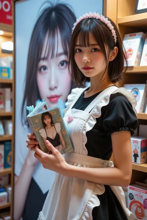 ultra-realistic, photorealistic, dramatic scene, shadow, global-illumination, solo, (teenage Japanese famous idol girl:1.5), very beautiful fragile Japanese girl, very beautiful with very cute but boyish cool face, (modern maid:1.2), (wearing a cute pastel...