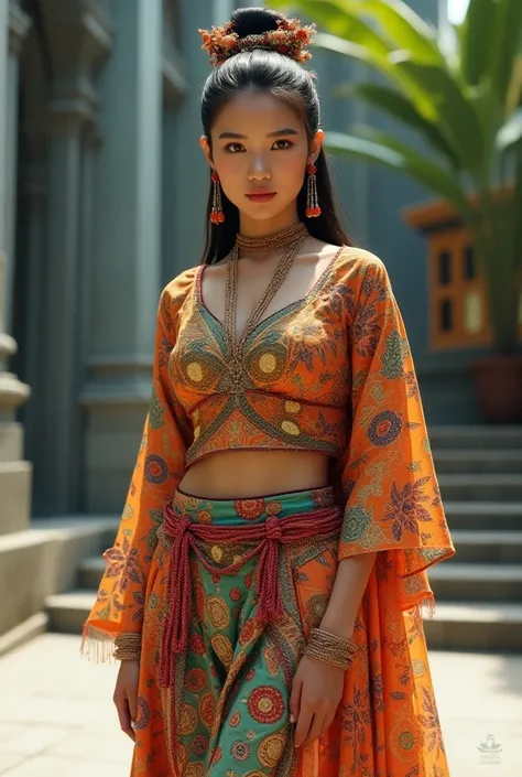 A futuristic Indonesian outfit worn by a young woman that showcases a fusion of culture and modern fashion. The outfit is adorned with intricate patterns and bright colors, reflecting Indonesia’s rich heritage. The girl stands confidently in an active pose...