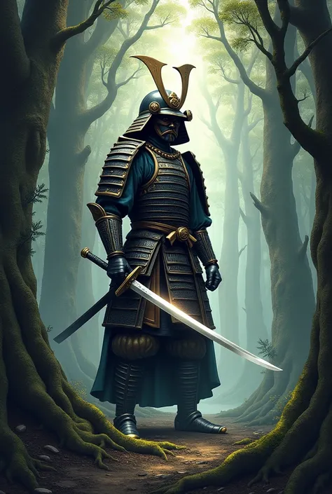 Samurai drawing with armor and sword dark forest, Light from Heaven