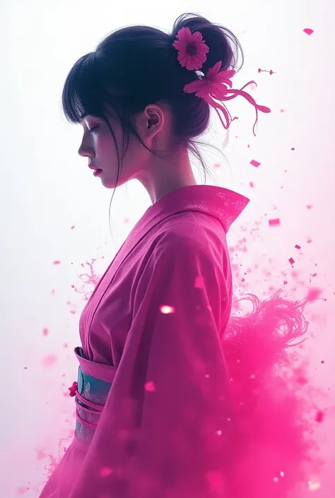 abstract digital, dispertion effect glitch data moshing,a Japan female wearing pink kimuno,mecha geisha style,neon synthwave white as background,light leaks effect,in style of xcopy,ultra high definition,vivid color,psychedilic, light leaks,lens flare, vib...