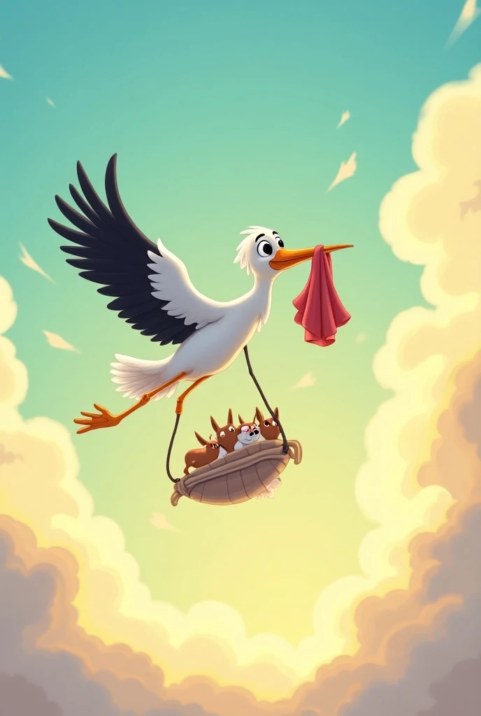 Create a Disney-like cartoon image of a stork flying and carrying a bundle of clothes with a litter of sick Bull Terrier puppies in their beak with the caption "Bellobull Jdg litter for December " Written in black letters