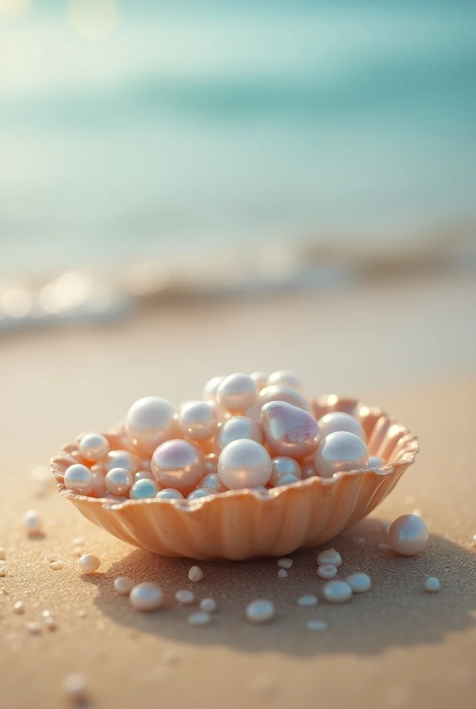 Pearls coming out of a shell on a beach 