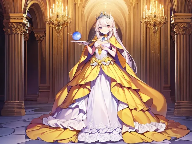 kawaii, best quality, rococo style,(long train pastel yellow cape:1.15), very long cape,(long train white ball gown with flower decorations:1.1), a girl is wearing a cape over her gown, 1 little princess, tiara, smile, very long hair, small breasts, lookin...