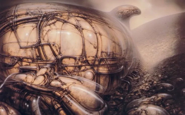 HRGGR, The image is a detailed view of H.R. Gigers biomechanical tableau " LANDSCAPE No 312 " plate, featuring ( Gigers is a fantasy-style illustration of a complex, intricate mechanical structure, resembling a futuristic city or fortress, with a central s...