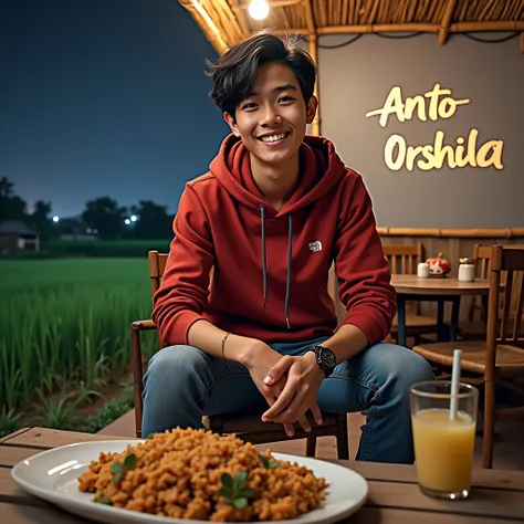  a handsome young indonesian , very short black hair hoodie of red color , blue jeans pants,  she is sitting in a chair in a dining stall on a shed-lined and bamboo-walled terrace near a rice field,  on the wall is written  " Anto Orshida "   on the table ...