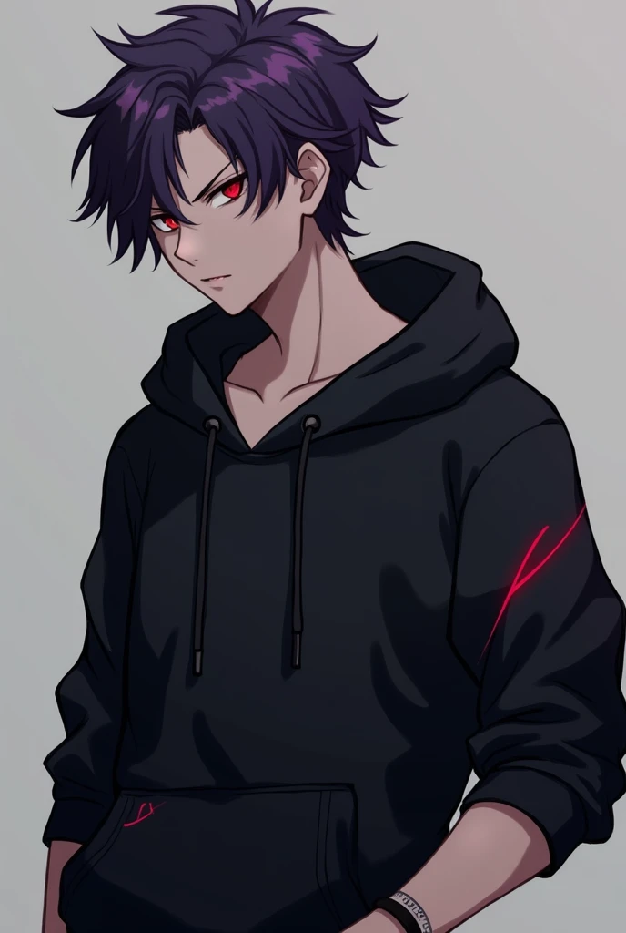 boy, Bad boy,  profile picture,  with bracelet ,  black hoodie, Red eyes,  Purple Hair , Serious,  calm , nice, Serious eyes