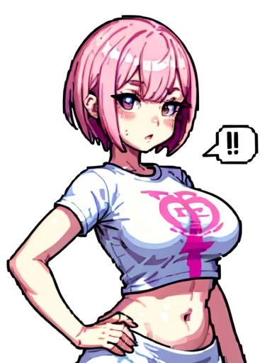 Raw photo, 1girl, medium breast, upper body, tshirt white, pink wolfcut hairstyle, ahegao expression, blushing on her cheeks, seducing expression, short skirt, show the belly button