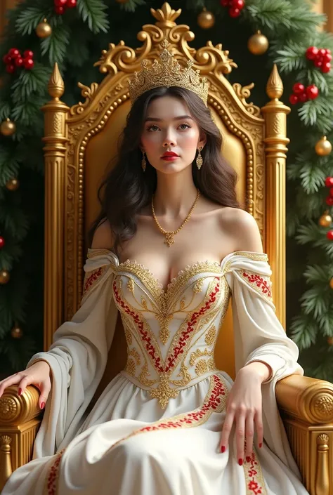 Create a  20 age Christmas royal queen sitting in a golden chair wearing royal white with silk red and yellow with silk green and with crown 