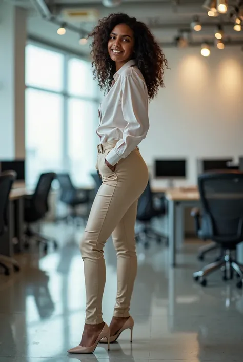 A 28 years old Indian girl is standing in the office, full body tall ,wearing tight light colour leather pants and shirt , laughing ,hot body ,footwear heals ,show full ass and  ,Full hd picture ,