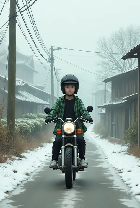 Fogie winter road with tea garden in side  a boy riding  motorcycle  wearing Black helmet with visor green check shirt layer with black solid t shirt and black pant and white shoe

