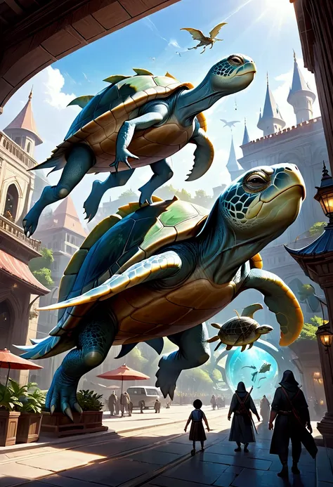 There were several alien creatures that resembled turtles who were busy carrying the catch of a large board on a kind of magical vehicle flying in front of the entrance.