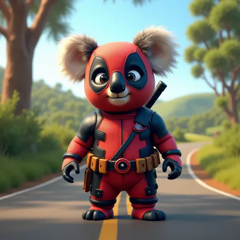 Create a realistic image. On a road. Make a koala. The koala comes complete with deadpools iconic dress 