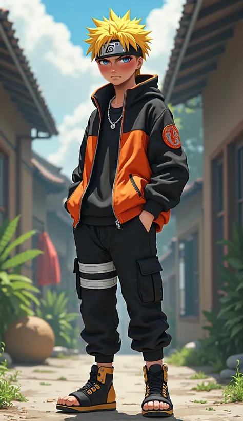 Masterpiece, Superb Style, streewear chothes, Outdoor, full Body, Uzumaki Naruto, blue eyes, short yellow hair, realistic style 