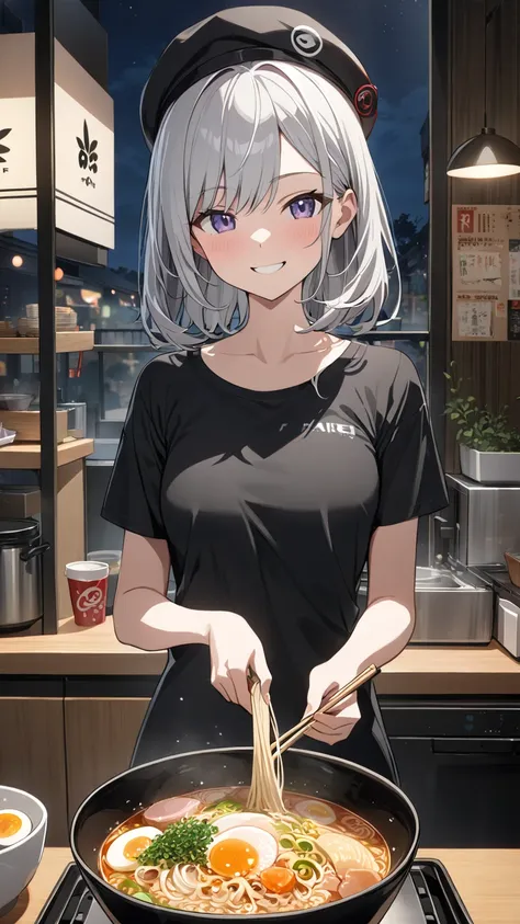  1 girl, solo,  high resolution on down, chest, smile,  shortcuts, Silver Hair, high resolution on down, masterpiece,  shortcuts, Aperture F1.2,Fair skin,anime, slender, style is good,young,Ramen shop kitchen ,night,work,Black Hat, black t-shirt 