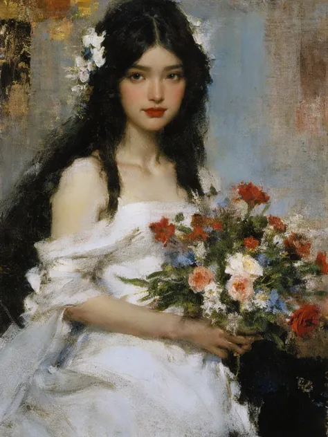 portrait,1girl,,solo,white dress,holding bouquet,very long hair,blue flower,black hair,red rose,gradient background, dark background, dyeing,oil painting,impasto