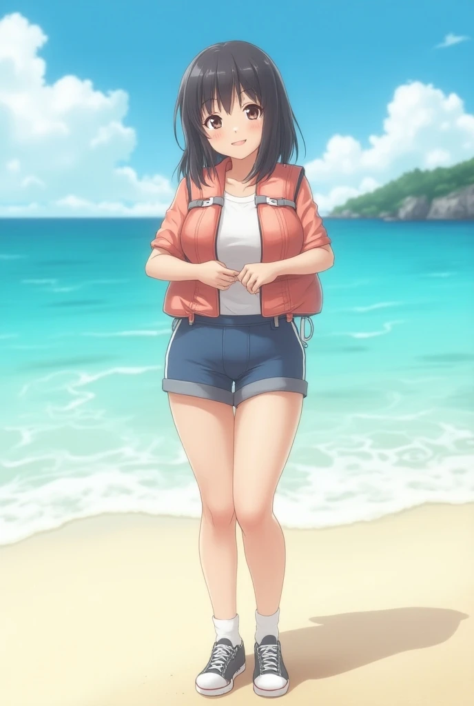 Lifesaver,Shorts, sneakers, Realistic Japanese Woman Standing Facing Front,Big Breasts, shortcuts, cute,smile,whole body,Alone,live-action, background is a beach