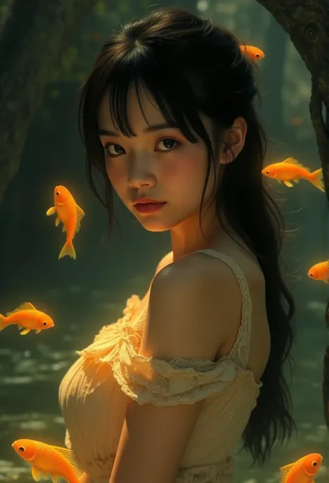 Realistic Girl , dress, girl in darkness with yellow glowing fishes floating around, artistic , close up, side turned, looking at camera, beautiful girl