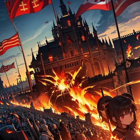  crosses a burning field with huge armies of heavy equipment、 flags raised、Red eyes、evil、Horror、inflammation、fire、Attack the castle、An army of medieval knights 、 from above