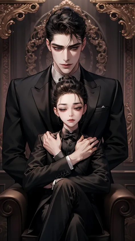 A man with sharp brown eyes, eyes closed, eyes equal, wearing a black suit with a black tie, saw slender legs, perfect face, son hugging his fathers neck, wearing a cute silk mask with glasses.