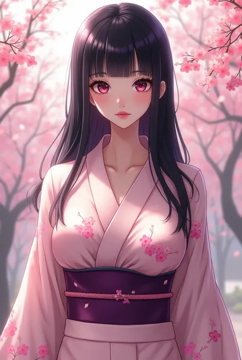 slender anime woman with noticeably large breasts which are 105 centimetres. She has pale pink eyes framed by pronounced eyelashes, notably red lips in contrast to her pale complexion, long shiny black hair with purple reflections and a square fringe. She ...