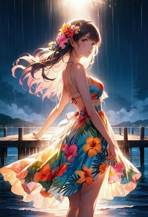 Sparkling midsummer sea,  (Double exposure silhouette: 1.2), Beautiful girl standing on the pier, Vibrant tropical bikini dress (Flowing),bangs, Colorful summer flowers, Rain of light