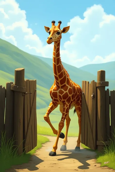 Draw a picture of a giraffe breaking through a gate