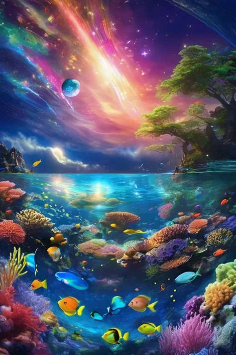 Creating a beautiful view of a colorful world with many bright stars and planets visible in the sky, a view under the ocean with clear water where you can see in the water, neon colored fish swimming around coral reefs and sea algae, it is truly beautiful,...