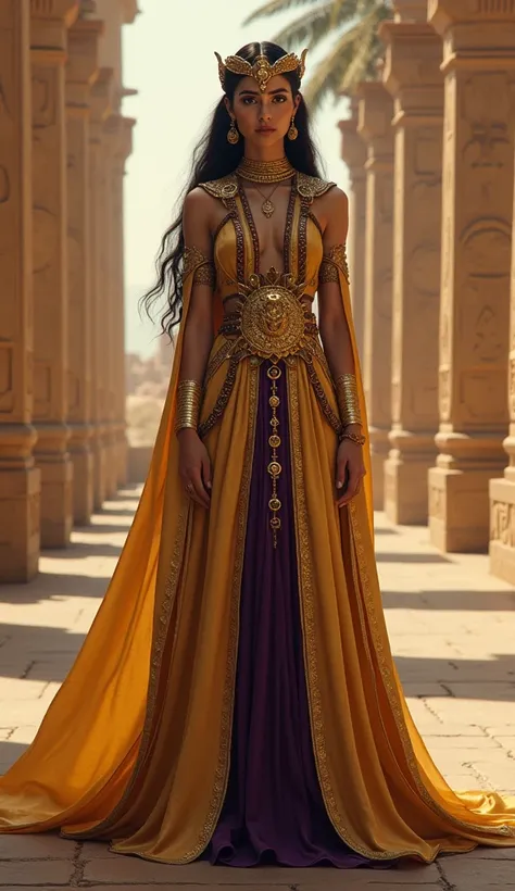 girl in a mythical egyptian , gold an vibrant dark purple dress 