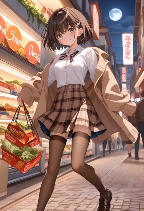 Prompt:(girl),(short hair),standing,((night moon)),((shopping street:1.5)),((switching button front brown over coat:1.5)),((knit cardigan:1.5)),((Argyle plaid checked skirt:1.5)),((brown thigh high:1.5)),((brown loafer shoes:1.5)),(slim:1.5)),(soft focus),...