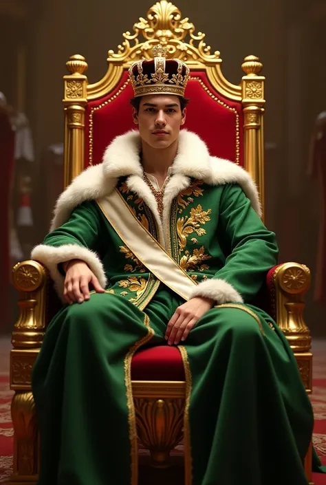 Create a  20 age Christmas royal prince sitting in a golden chair wearing royal green with silk red and yellow with silk white and with crown 