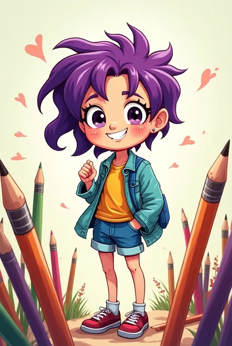 Draw a purple haired girl art fan. Playfully draw cartoon pencils