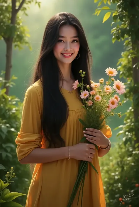 A girl long straight hair, smart, confident, flowers in hand, smiling, wearing salwar, hiding face with hair or flower or behind any trees leaf