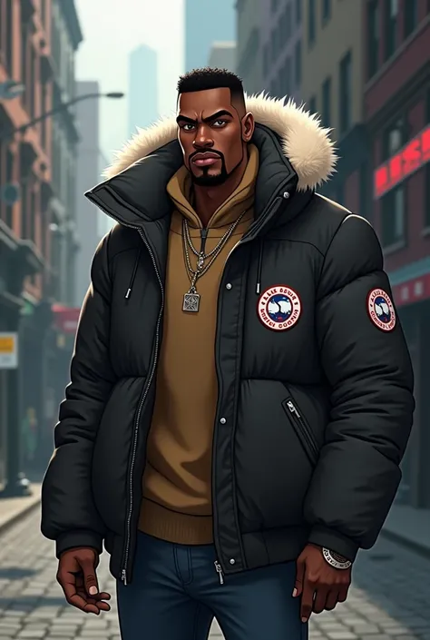 An animated African gangster wearing a Canada Goose jacket