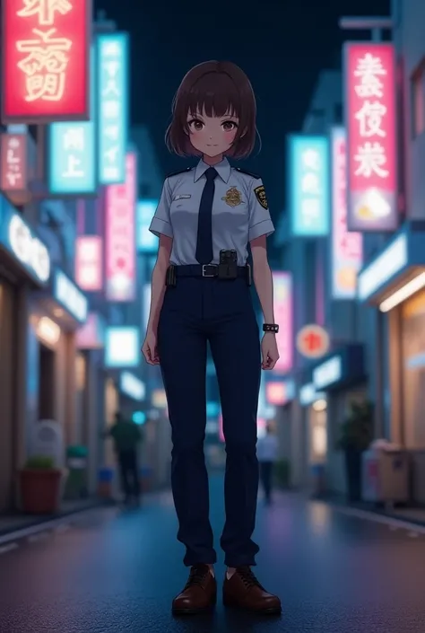 Police Officer,Leather shoes, realな日本人女性が正面を向いて立っている,Big Breasts, shortcuts, cute,smile,whole body,Alone, real,The background is a neon street 