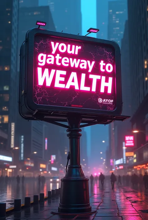 A False Promise Billboard: A sleek city billboard with glowing words, "Your Gateway to Wealth," showcasing an NFT, but small cracks appear as neon lights flicker, hinting at something ominous.