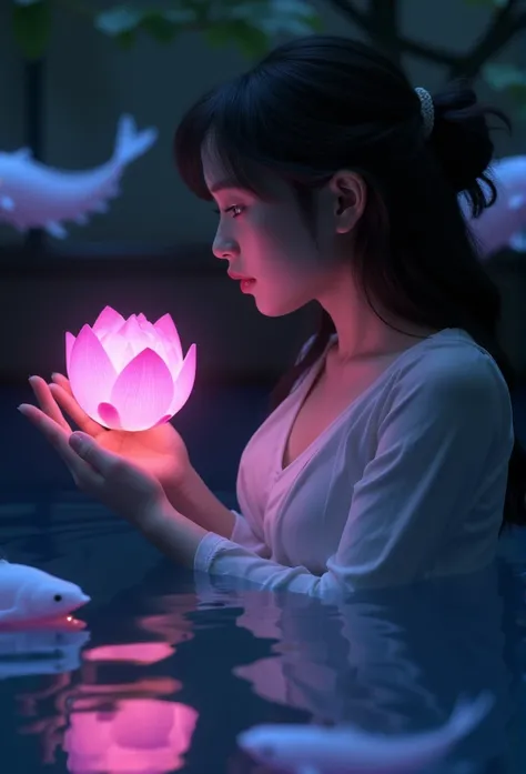 Realistic Girl , dress, girl in darkness with glowing fishes floating around, artistic , close up, side turned, beautiful girl, holding a glowing pink lotus, looking at lotus