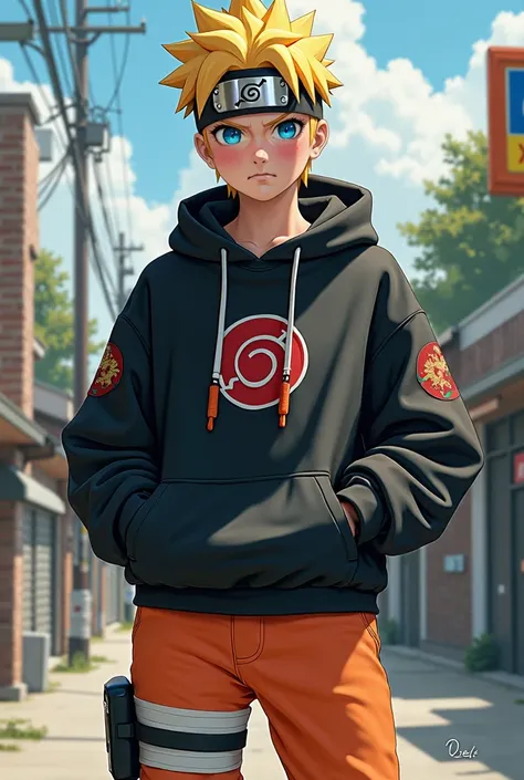 Masterpiece, Superb Style, streewear chothes, Outdoor, full Body, Uzumaki Naruto, blue eyes, short yellow hair, realistic style 