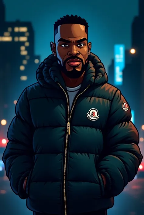  A cartoon African gangster with Moncler jacket, The background at night 