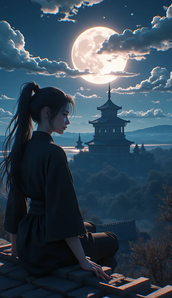 horror and dark Fantasy world, storm,Madness, fear, dread, evil dark sky, black background
long ponytail
A scenic watercolor-style illustration of Beautiful moon and clouds in the night sky,
In the Edo period, a beautiful female (ninja) is sitting on the r...