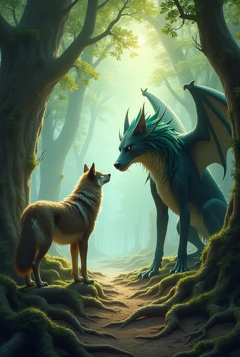 "Depict a powerful scene in a mystical forest where a majestic wolf and a fierce dragon stand facing each other, their gazes locked in a tense standoff. The wolf, with fur shimmering under the dappled sunlight, exudes strength and agility. The dragon, its ...