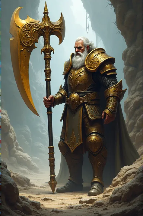 arafed man holding a large green and gold axe, concept art inspired by Kieran Yanner, deviantart contest winner, conceptual art, fantasy scythe, with leviathan axe, golden art nouveau scythe blade, holding a scythe, huge scythe, with axe, scythe design, ho...