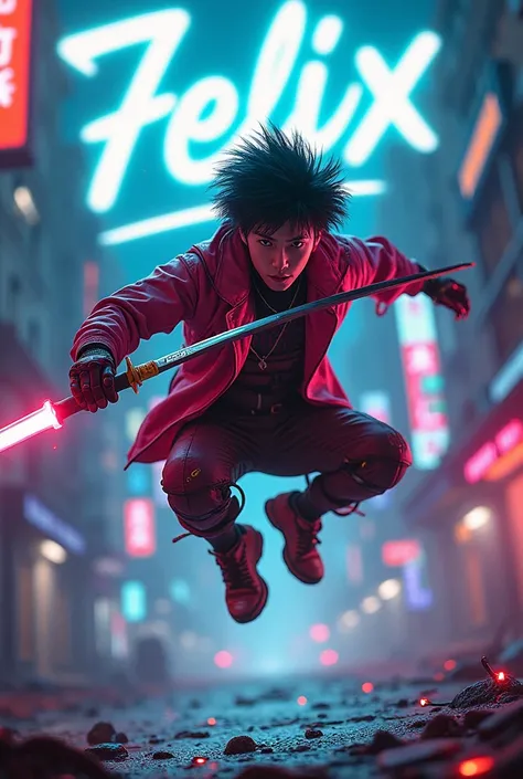 An Asian CYBERPUNK man is jumping wearing a neon costume holding a samurai sword while facing the fore, looks real ,cinematik, background with name  "FELIX CYBER " 