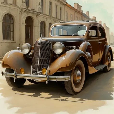  close-up of a brown car on a white background, винтажный - w 1 0 2 4, 1 9 3 6, 1936,  three-quarter body , 1 9 3 7, 1 9 3 9, 1939, by Hugo Scheiber , moskvich,  by Derek Hill , 1935, 1 9 3 5, drawing 